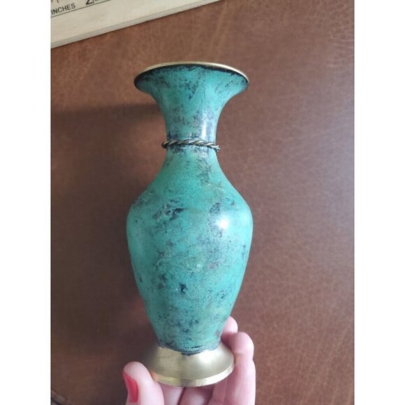 Vintage Solid Brass & Enamel Blue Mini Vase & Pitcher Made In India‎ 5.5" - Picture 6 of 10